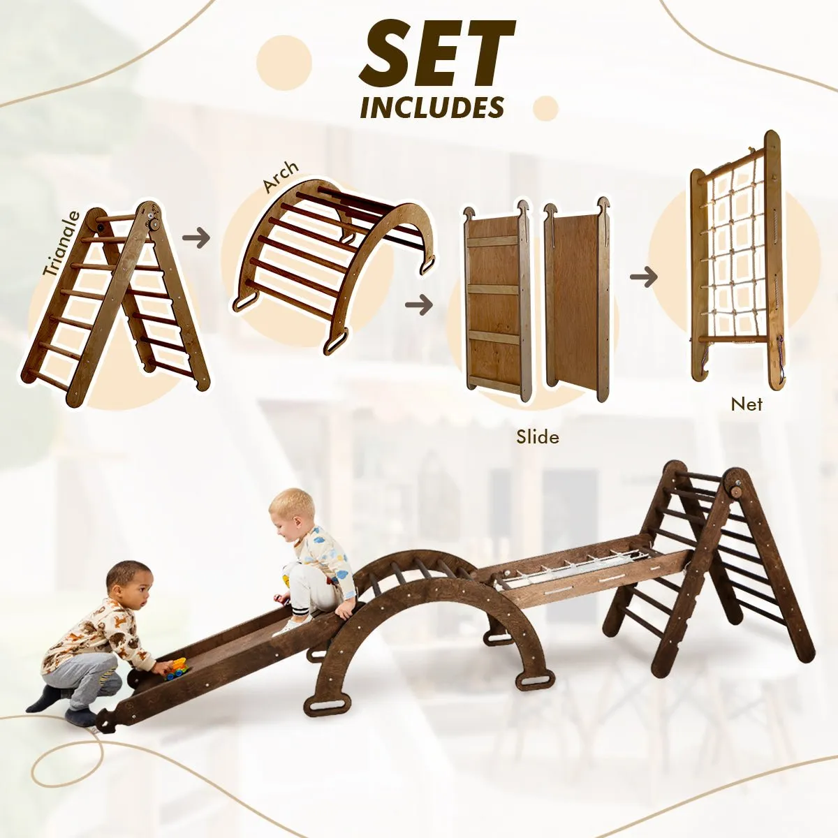 4in1 Montessori Climbing Set: Triangle Ladder   Arch/rocker   Slide Board/ramp   Net – Chocolate