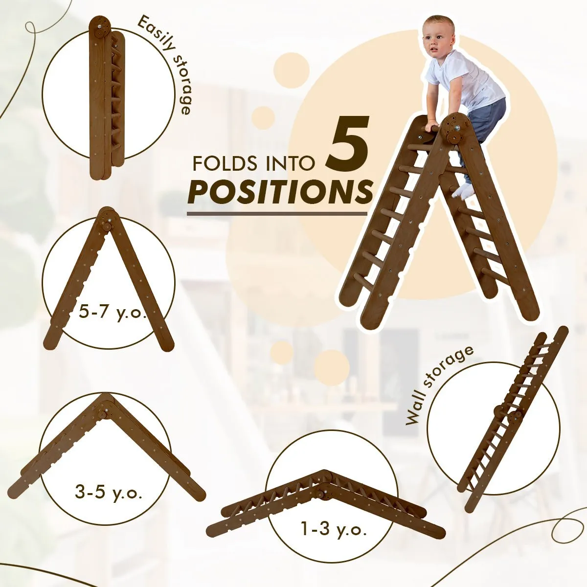 4in1 Montessori Climbing Set: Triangle Ladder   Arch/rocker   Slide Board/ramp   Net – Chocolate