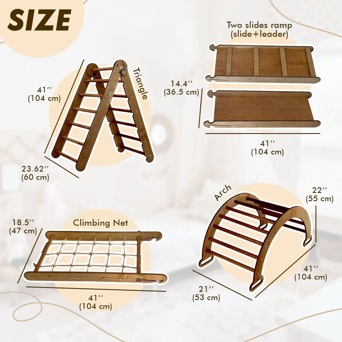 4in1 Montessori Climbing Set: Triangle Ladder   Arch/rocker   Slide Board/ramp   Net – Chocolate