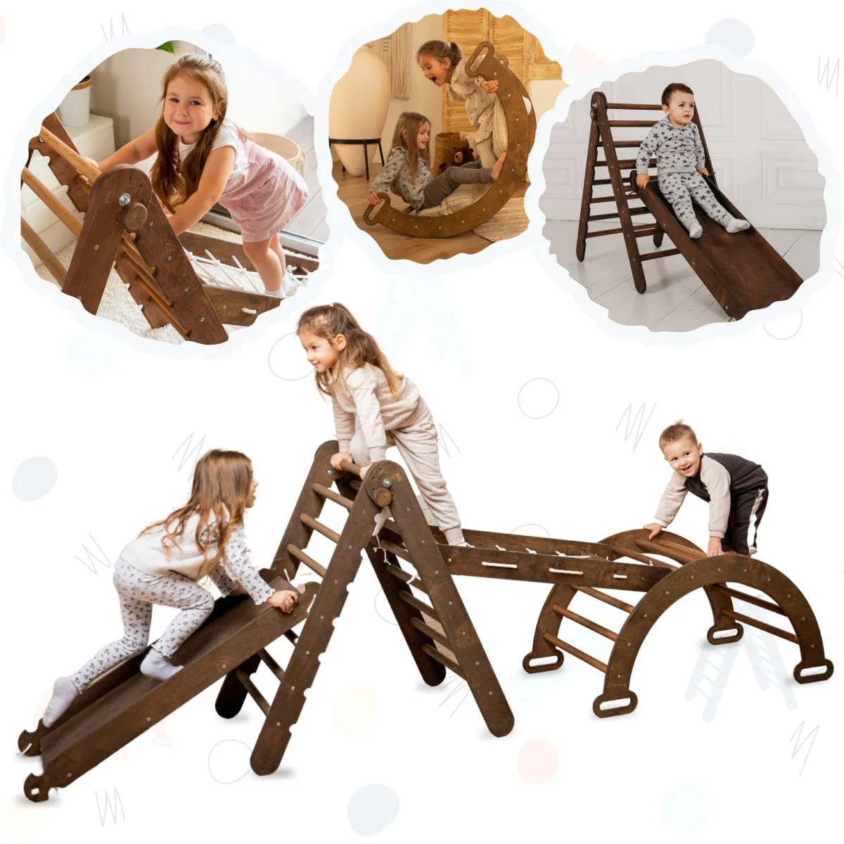 4in1 Montessori Climbing Set: Triangle Ladder   Arch/rocker   Slide Board/ramp   Net – Chocolate