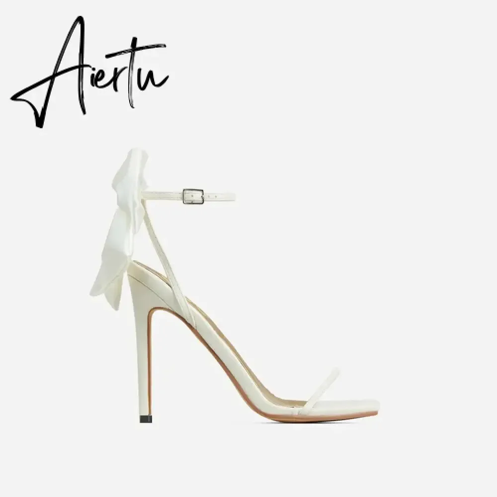 Aiertu  2024 Summer PU Butterfly-Knot Sandals Square Toe Thin Heels Party Shallow Concise Sweet Buckle Strap Adult Open  Pleated