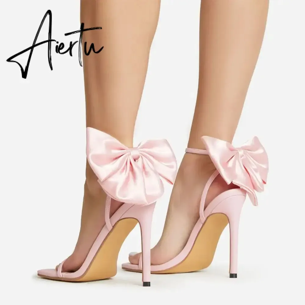 Aiertu  2024 Summer PU Butterfly-Knot Sandals Square Toe Thin Heels Party Shallow Concise Sweet Buckle Strap Adult Open  Pleated