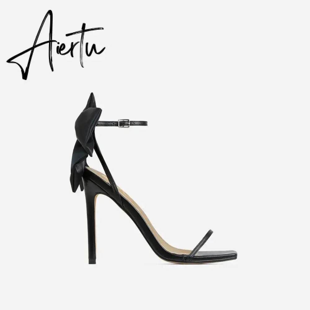 Aiertu  2024 Summer PU Butterfly-Knot Sandals Square Toe Thin Heels Party Shallow Concise Sweet Buckle Strap Adult Open  Pleated