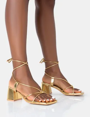 Aloha Gold PU Lace Up Block Mid Heeled Sandals