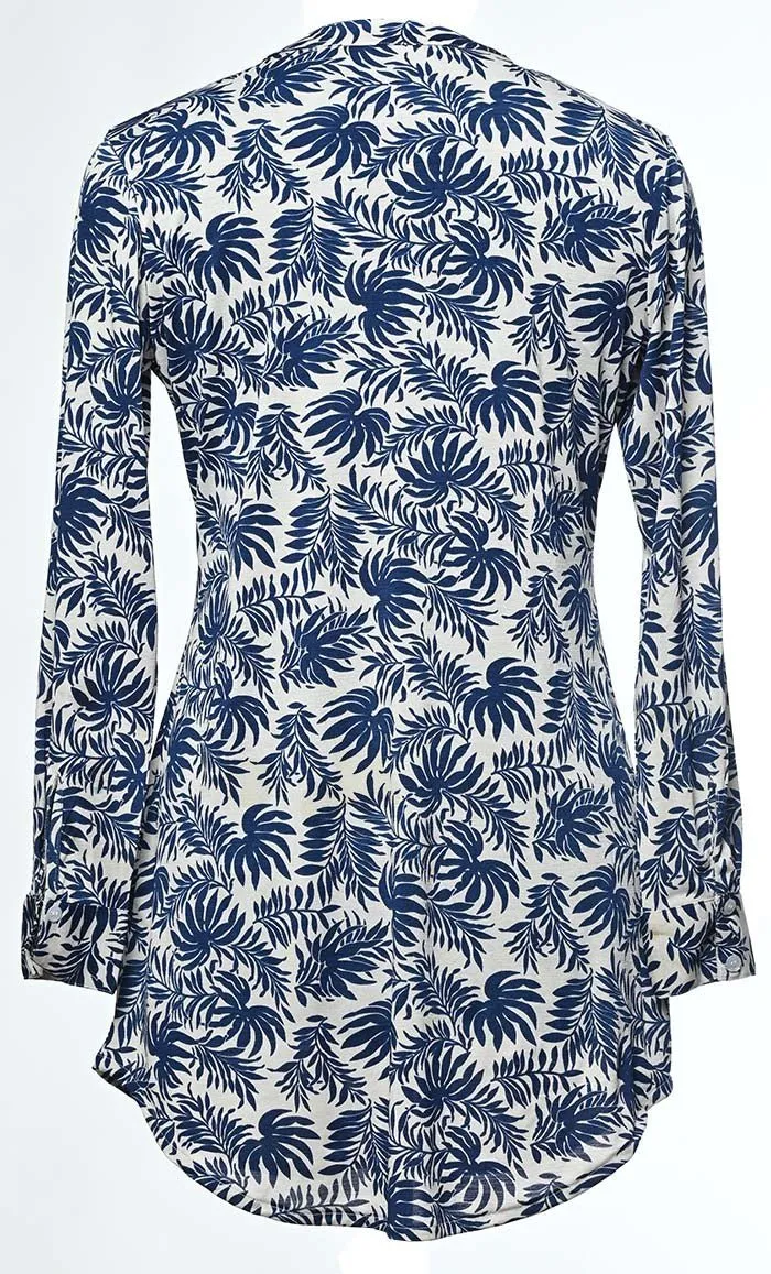 Basic Slip On Fern Leaves Print Button Front Tunic With Pockets