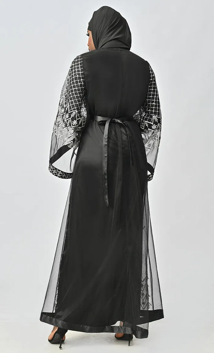 Black Aari And Hand Work Embellished Abaya Designer Dress With Matching Hijab