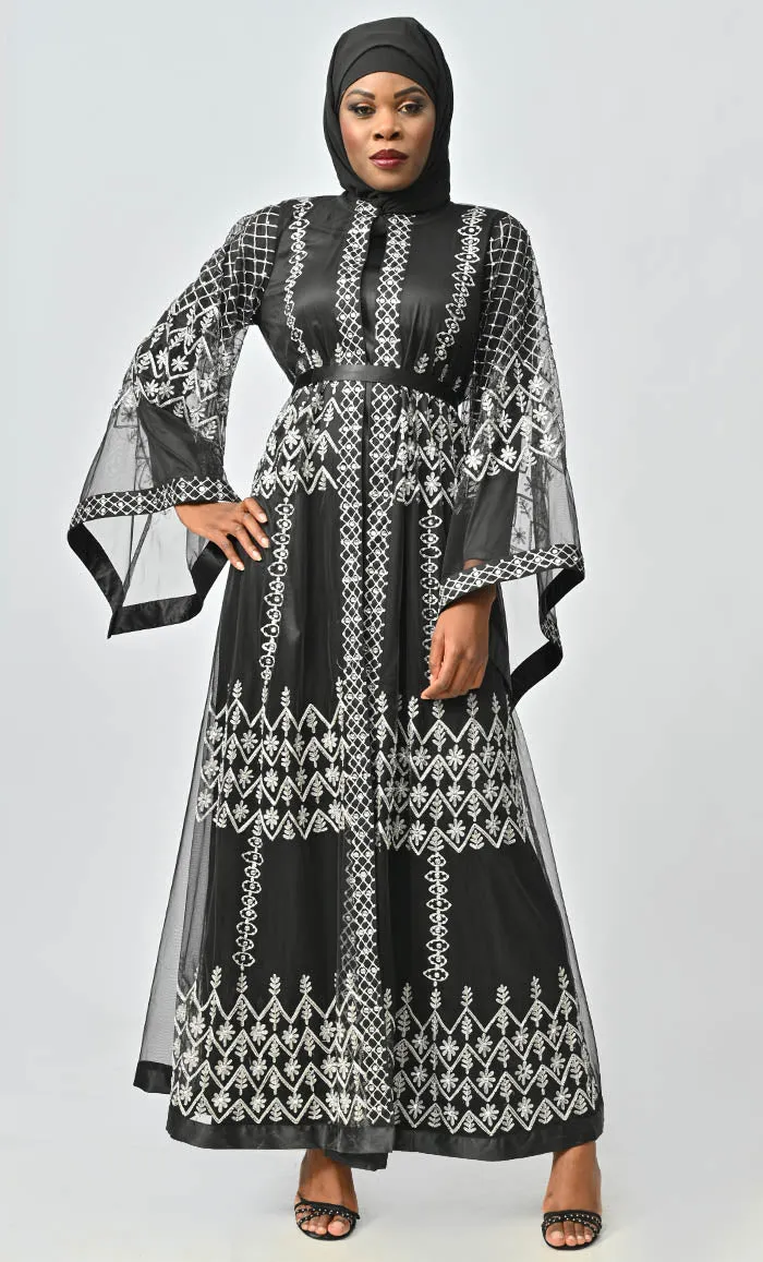 Black Aari And Hand Work Embellished Abaya Designer Dress With Matching Hijab