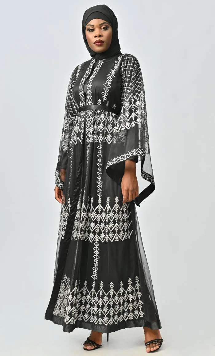 Black Aari And Hand Work Embellished Abaya Designer Dress With Matching Hijab