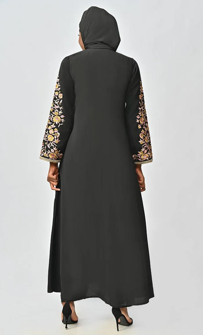 Black Islamic Designer Nida Machine And Hand Embroidered Abaya