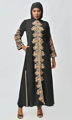 Black Islamic Designer Nida Machine And Hand Embroidered Abaya