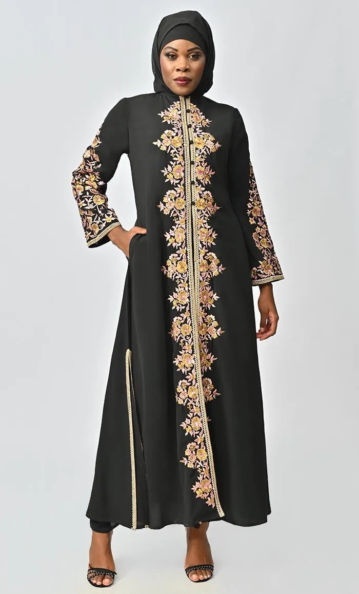 Black Islamic Designer Nida Machine And Hand Embroidered Abaya