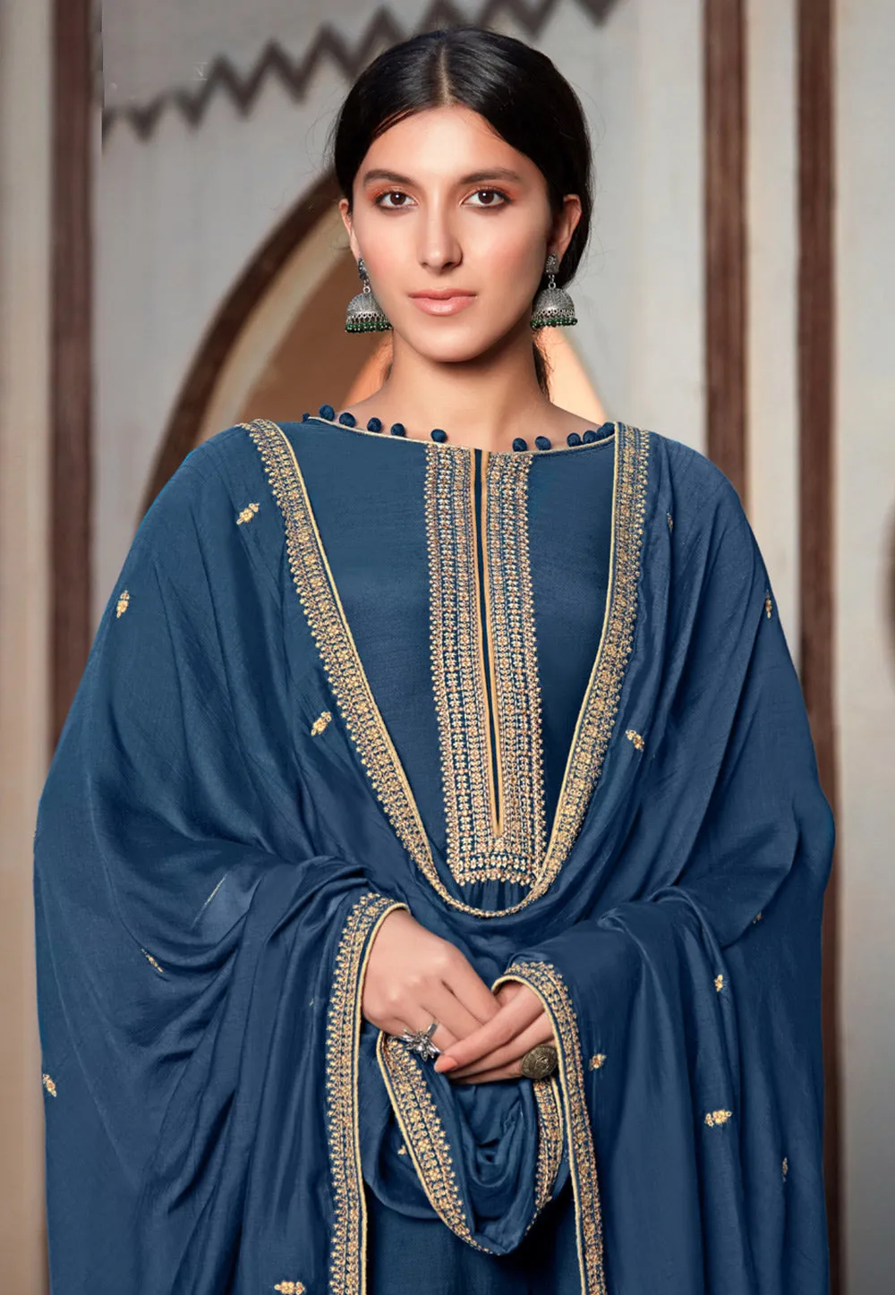 Blue Golden Embroidered Pakistani Style Pant Suit