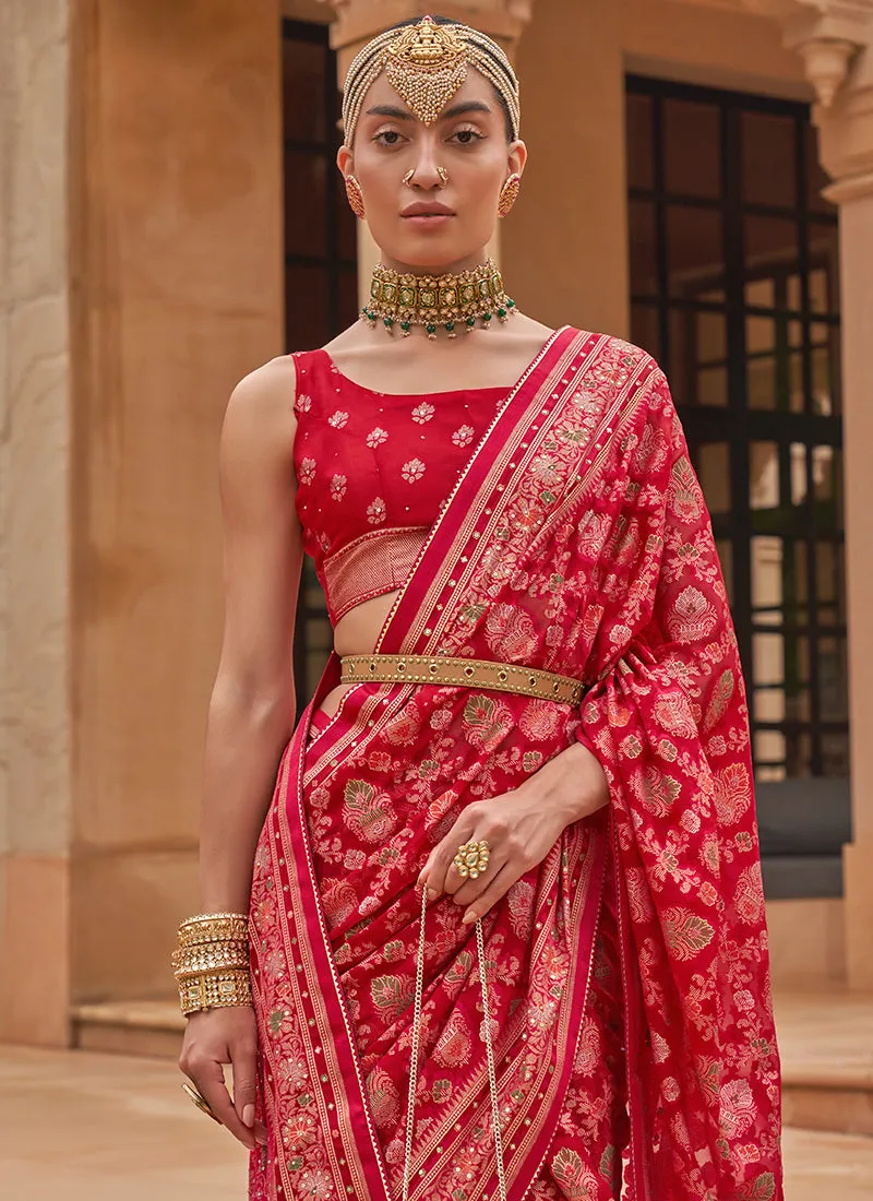 Bridal Red Crystal Stone Brasso Saree