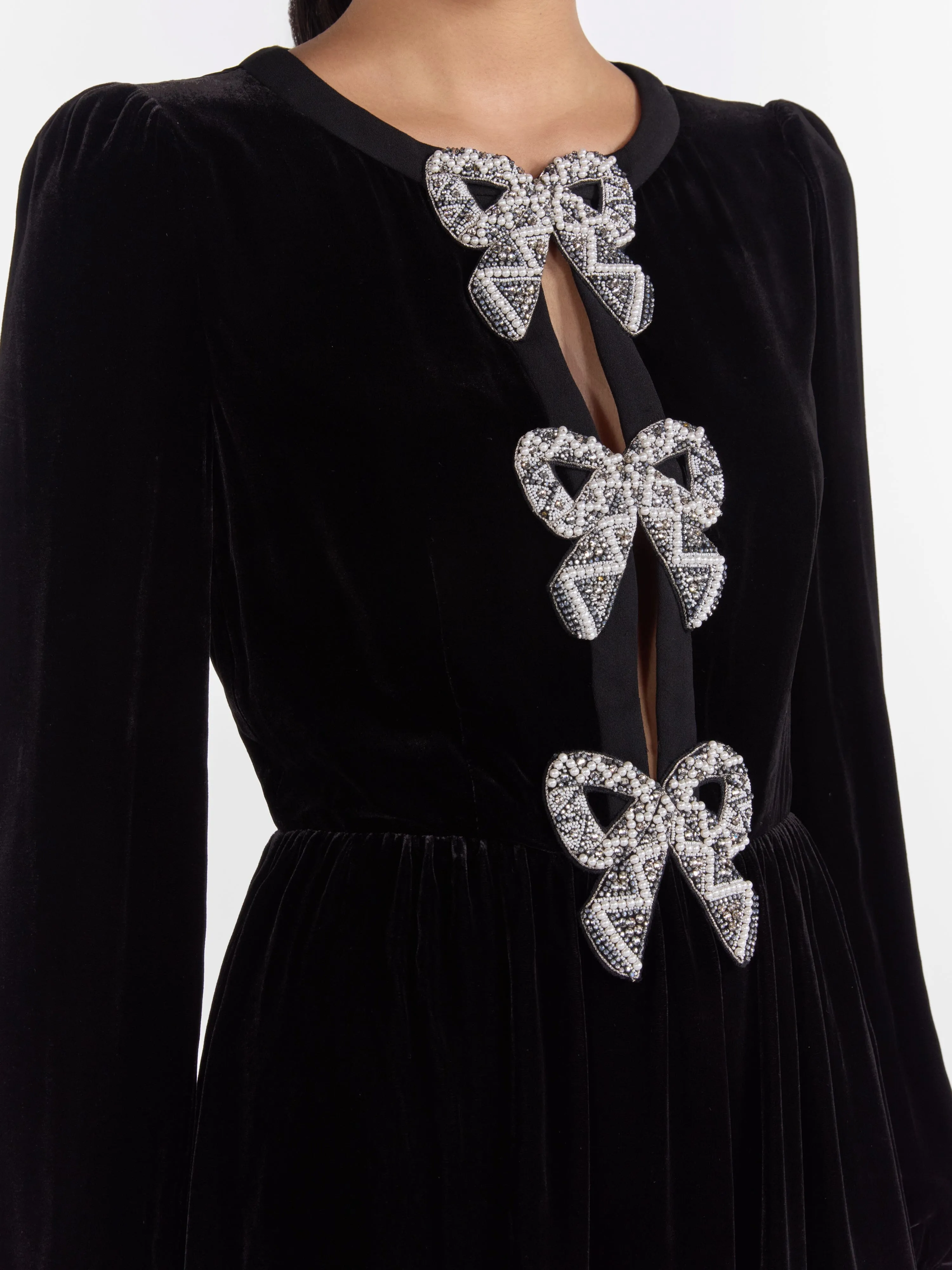 Camille Velvet Embellished Bows Dress in Black