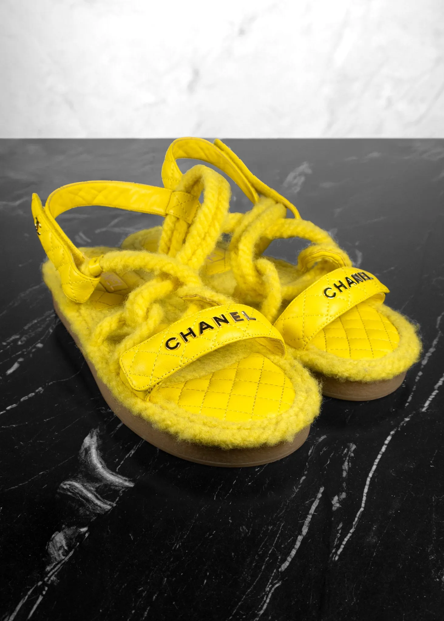 Chanel Cord Lambskin Quilted Logo Yellow Sandals