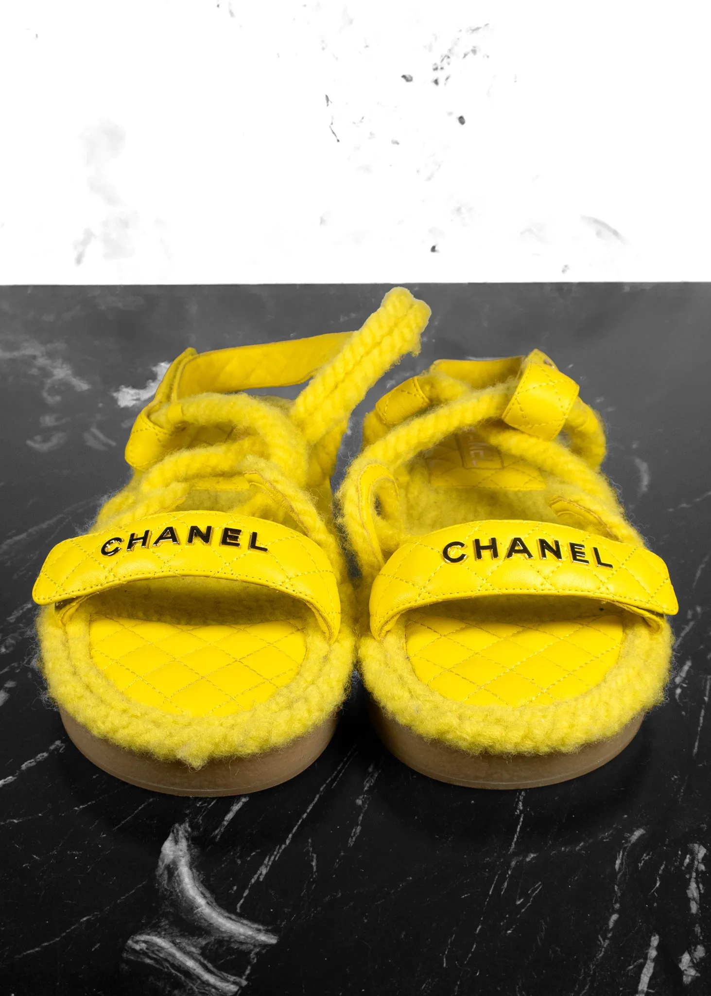 Chanel Cord Lambskin Quilted Logo Yellow Sandals