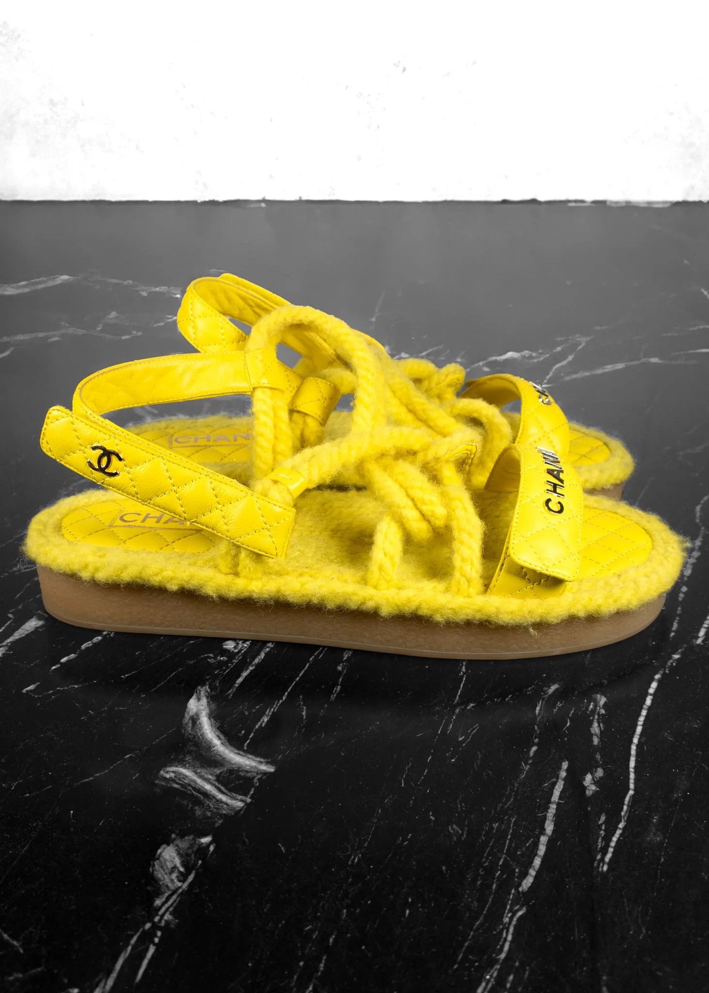 Chanel Cord Lambskin Quilted Logo Yellow Sandals