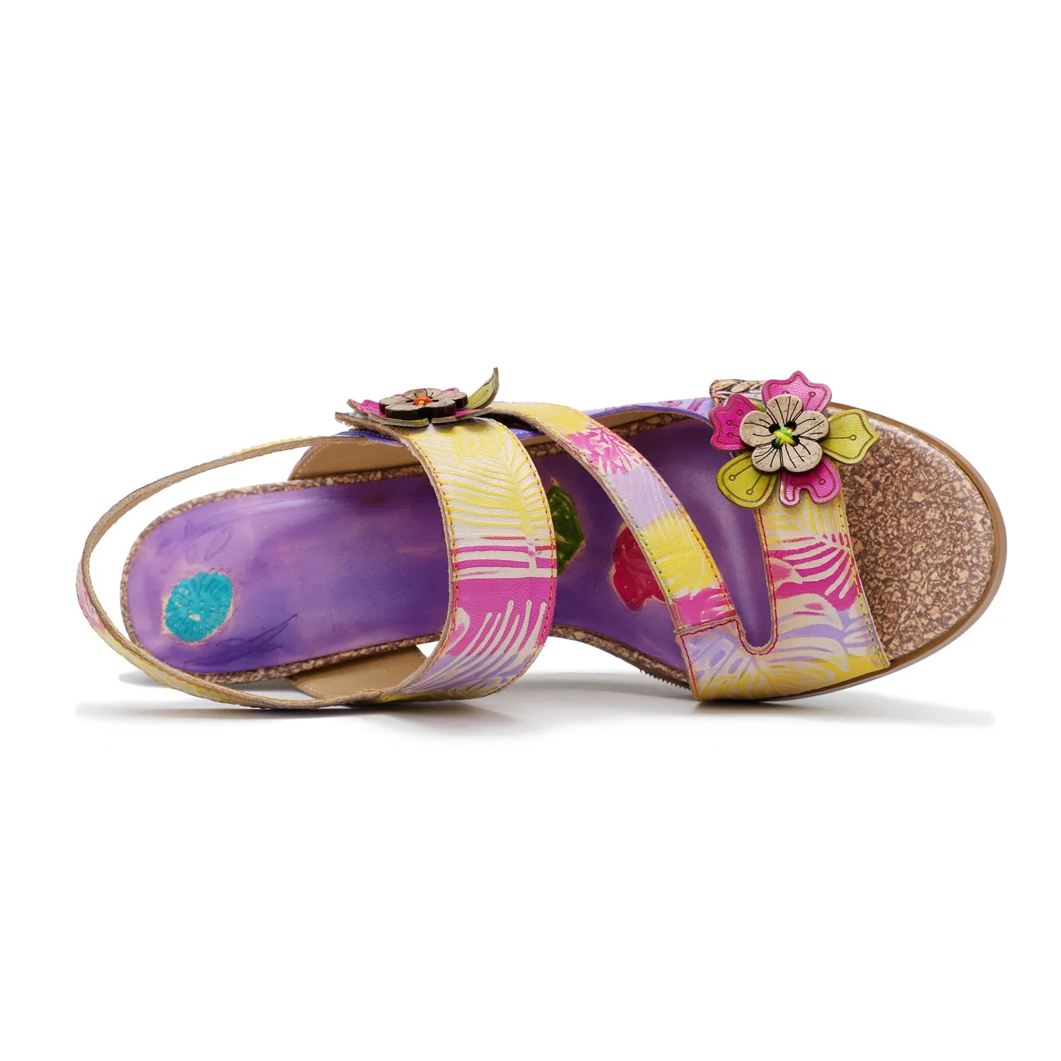 CrazycatZ Leather Block Heel Sandals,Women Leather Bohemian Colorful Sandal Light Purple