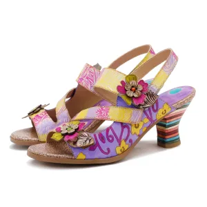 CrazycatZ Leather Block Heel Sandals,Women Leather Bohemian Colorful Sandal Light Purple