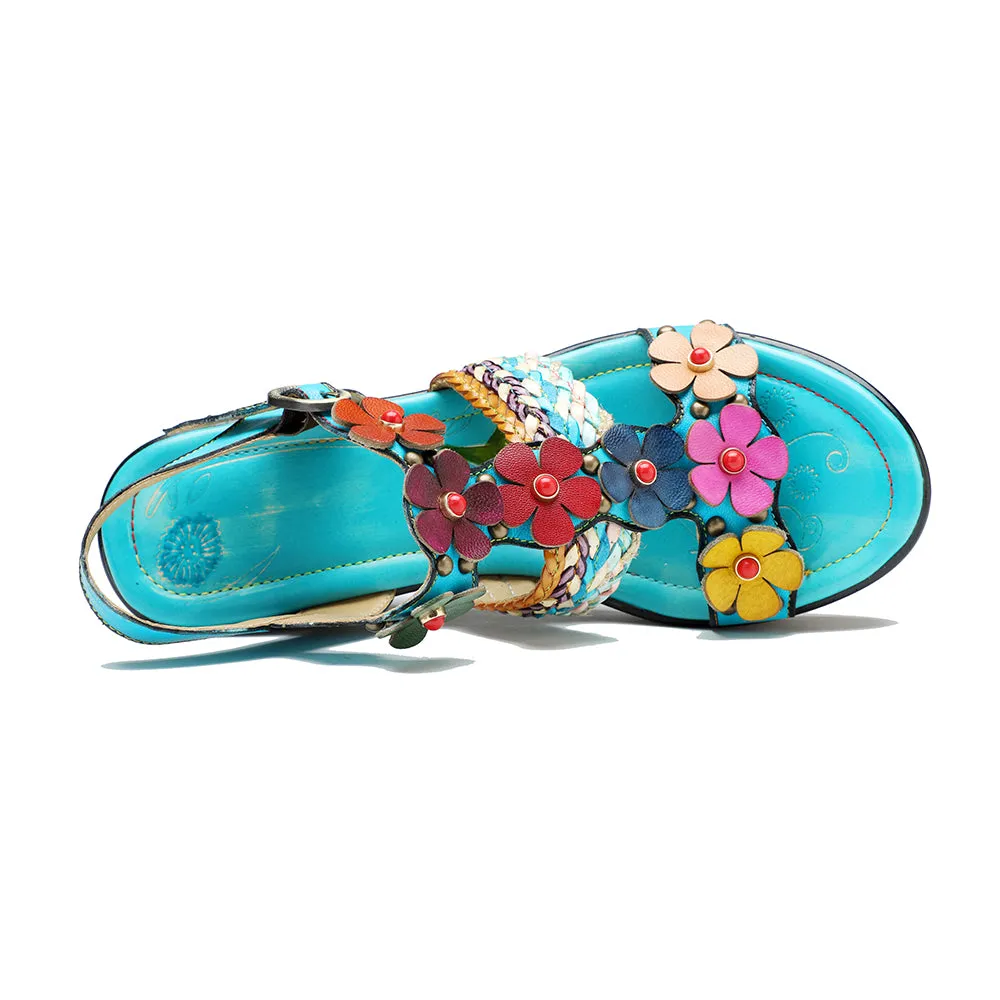 CrazycatZ Leather Wedged Roman Sandals,Women Leather Bohemian Colorful Floral Sandal 1005