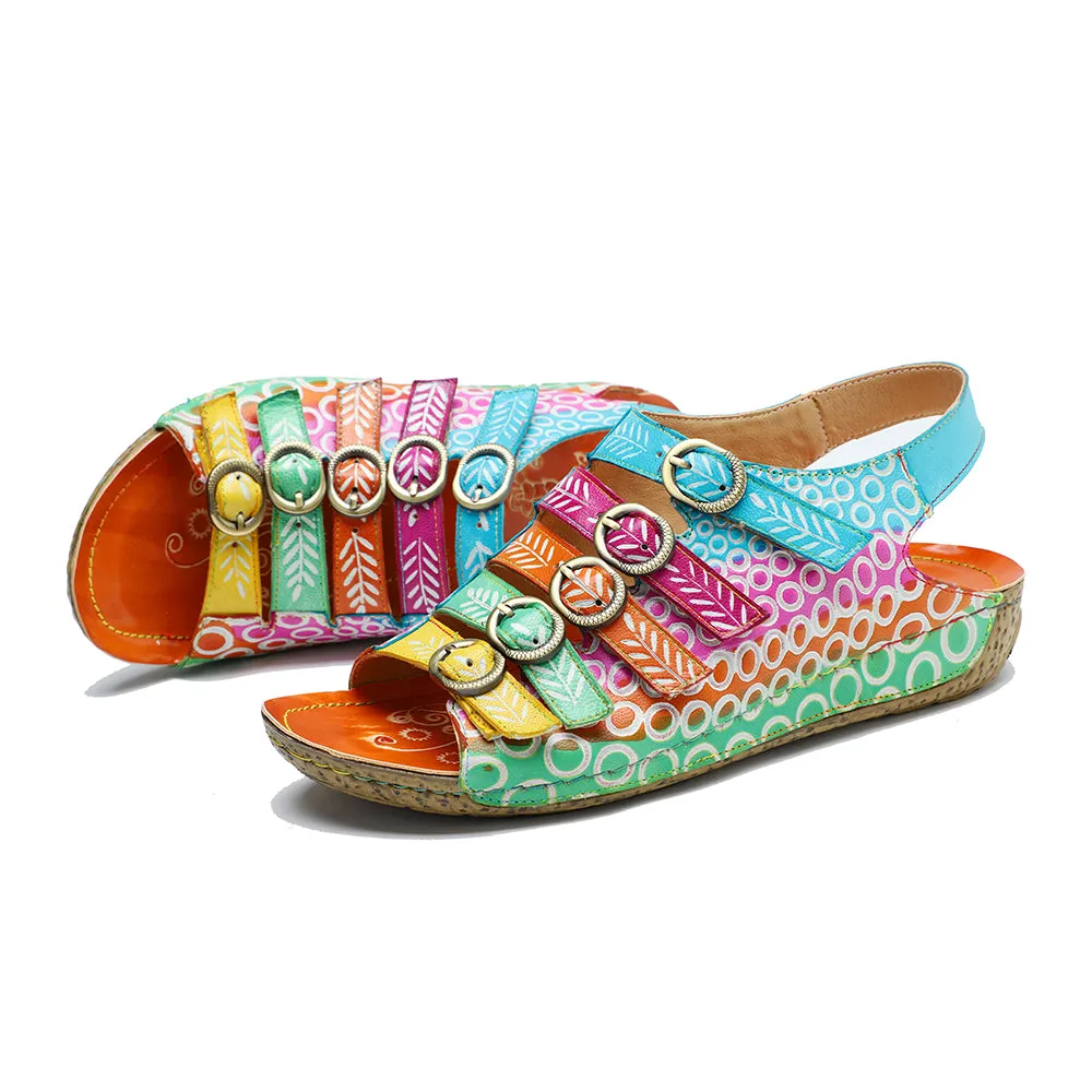 CrazycatZ Leather WedgedRoman Sandals,Women Leather Bohemian Colorful Floral Sandal