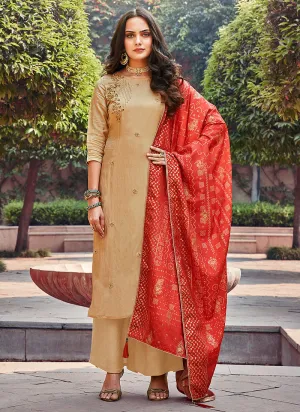 Cream And Red Embroidered Pakistani Palazzo Suit