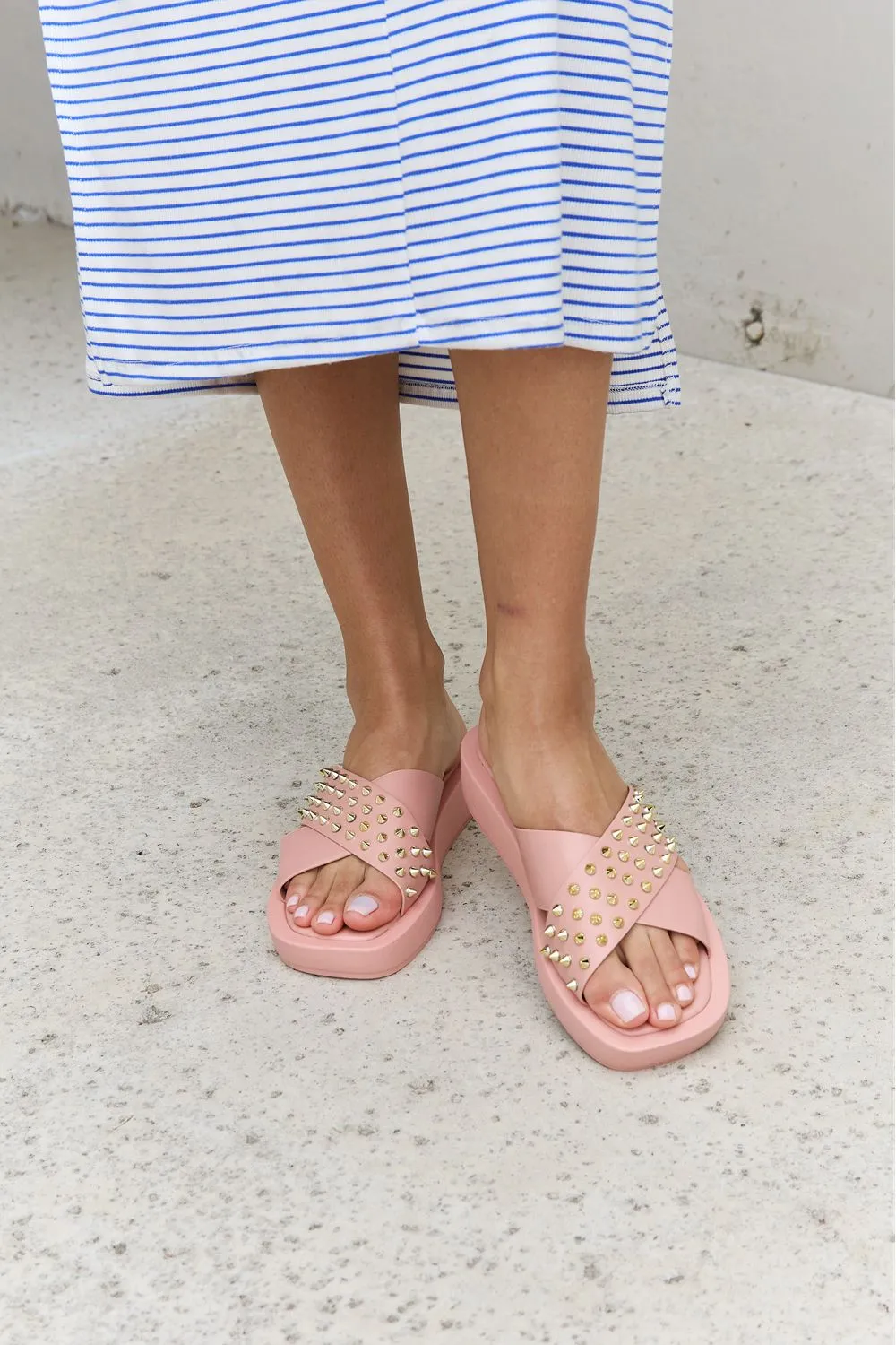 Cross Strap Studded Sandals in Blush