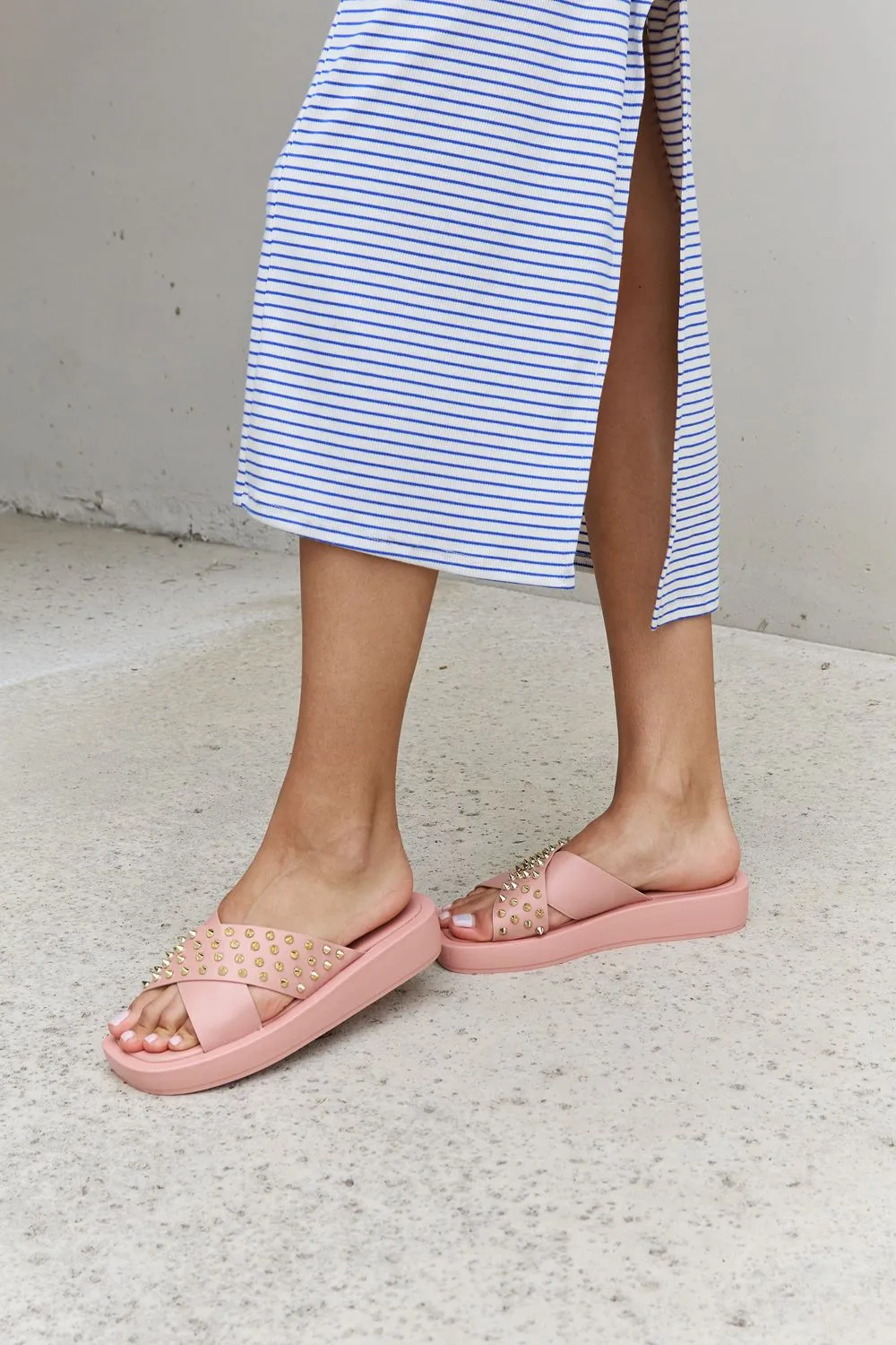 Cross Strap Studded Sandals in Blush