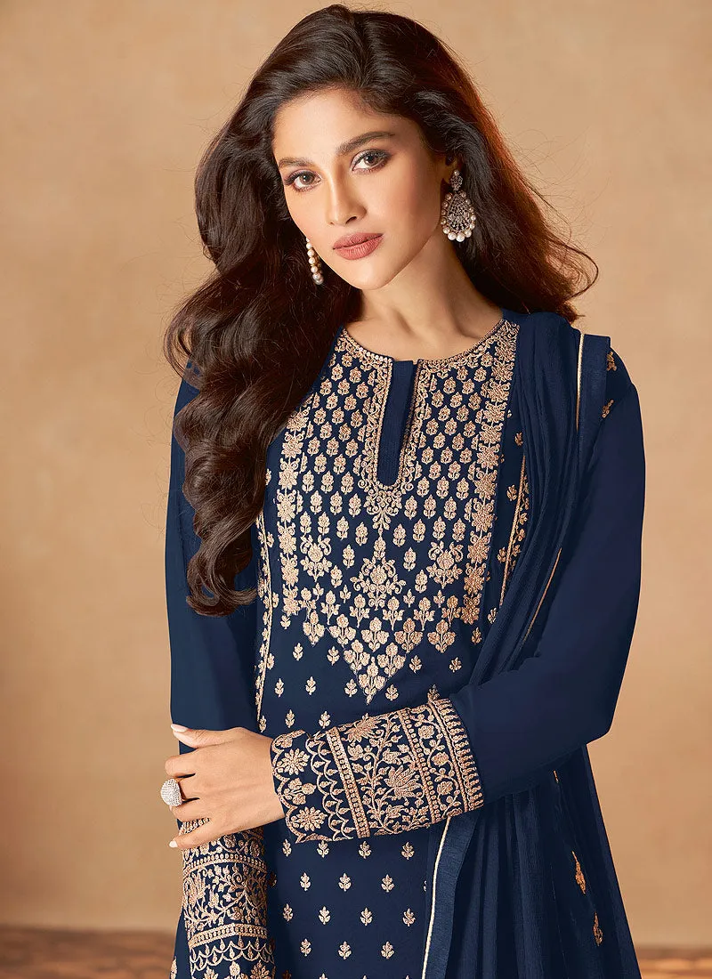 Dark Blue Golden Embroidered Indian Designer Sharara Suit