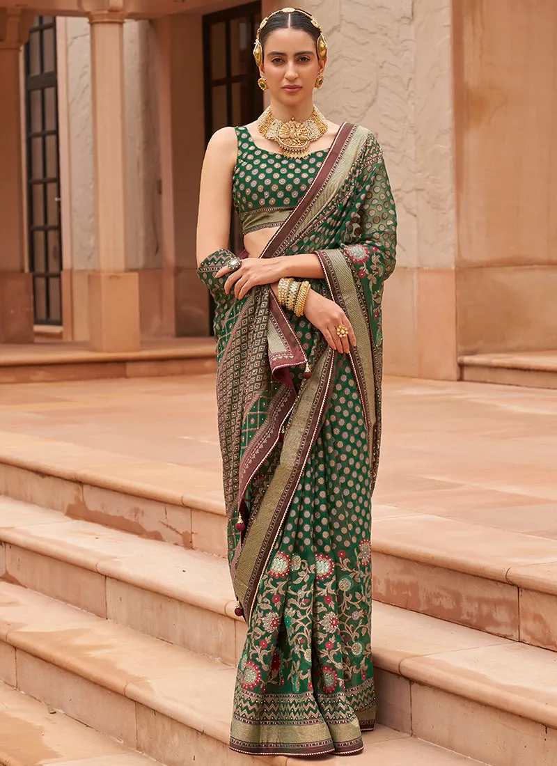 Dark Green Crystal Stone Brasso Saree