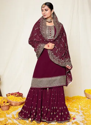 Deep Wine Zari Embroidered Georgette Palazzo Suit