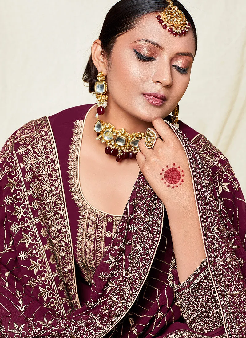 Deep Wine Zari Embroidered Georgette Palazzo Suit