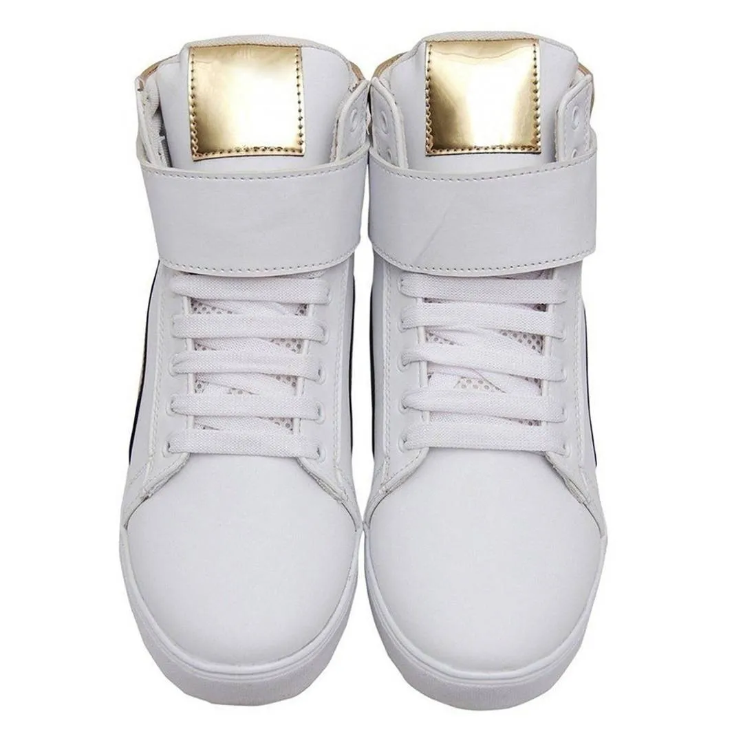 Designer Leatherette High Ankle Length Velcro White Shimmery Casual Sneakers