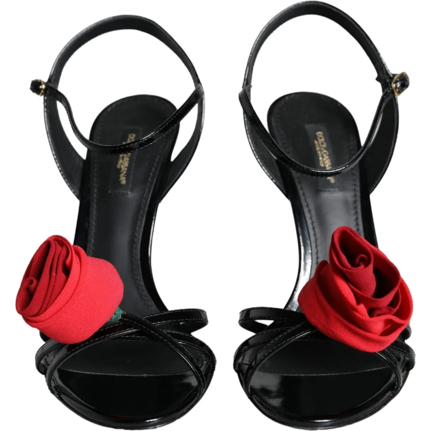 Dolce & Gabbana Black Leather Rose Ankle Strap Keira Sandals Shoes