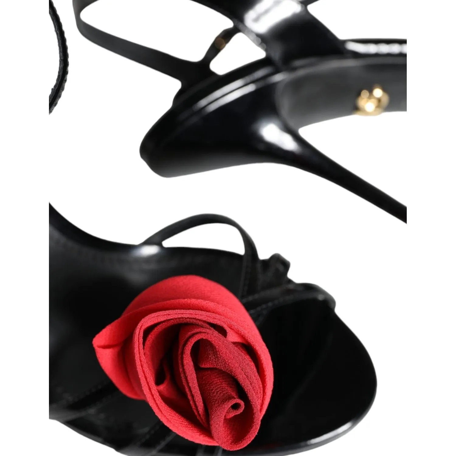 Dolce & Gabbana Black Leather Rose Ankle Strap Keira Sandals Shoes