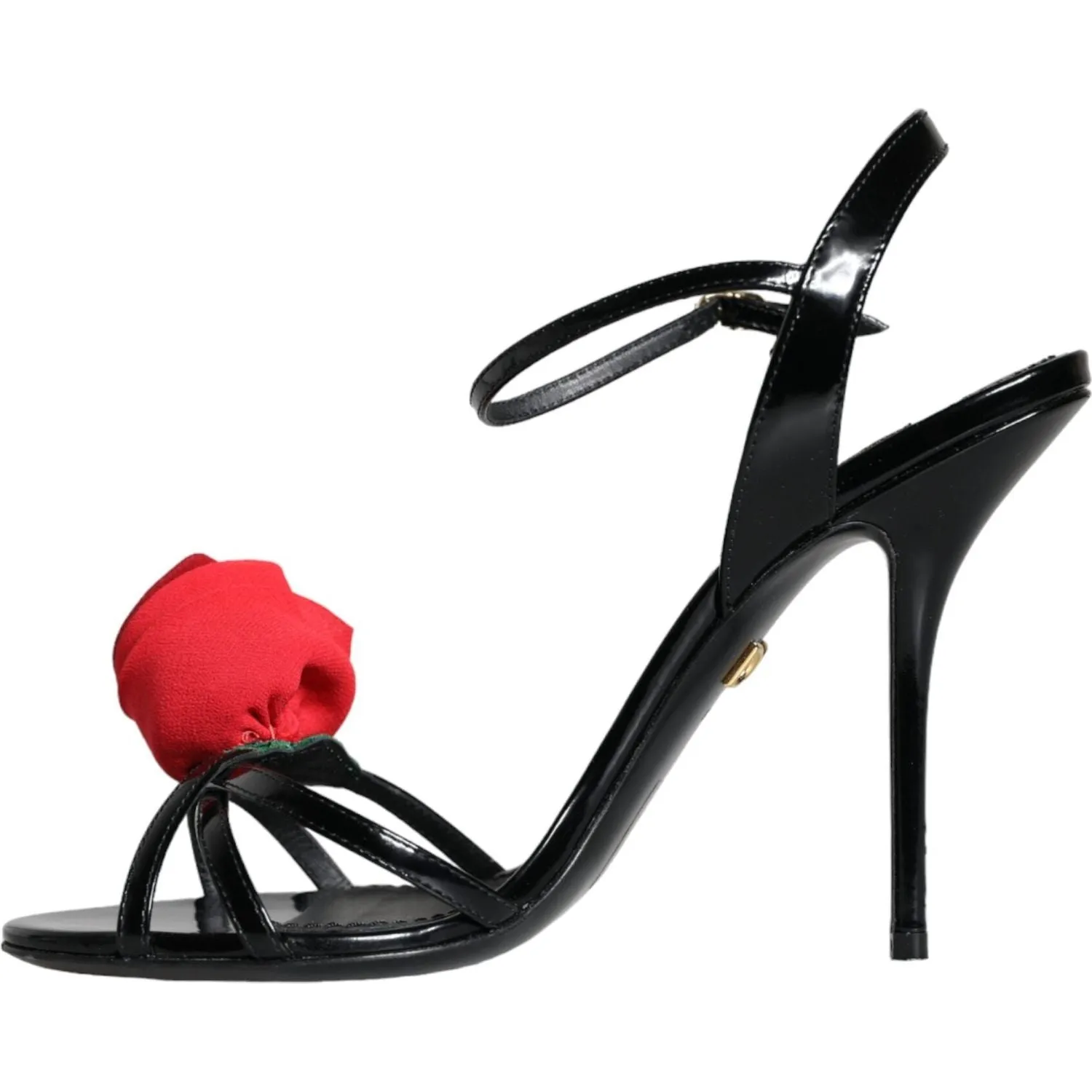 Dolce & Gabbana Black Leather Rose Ankle Strap Keira Sandals Shoes