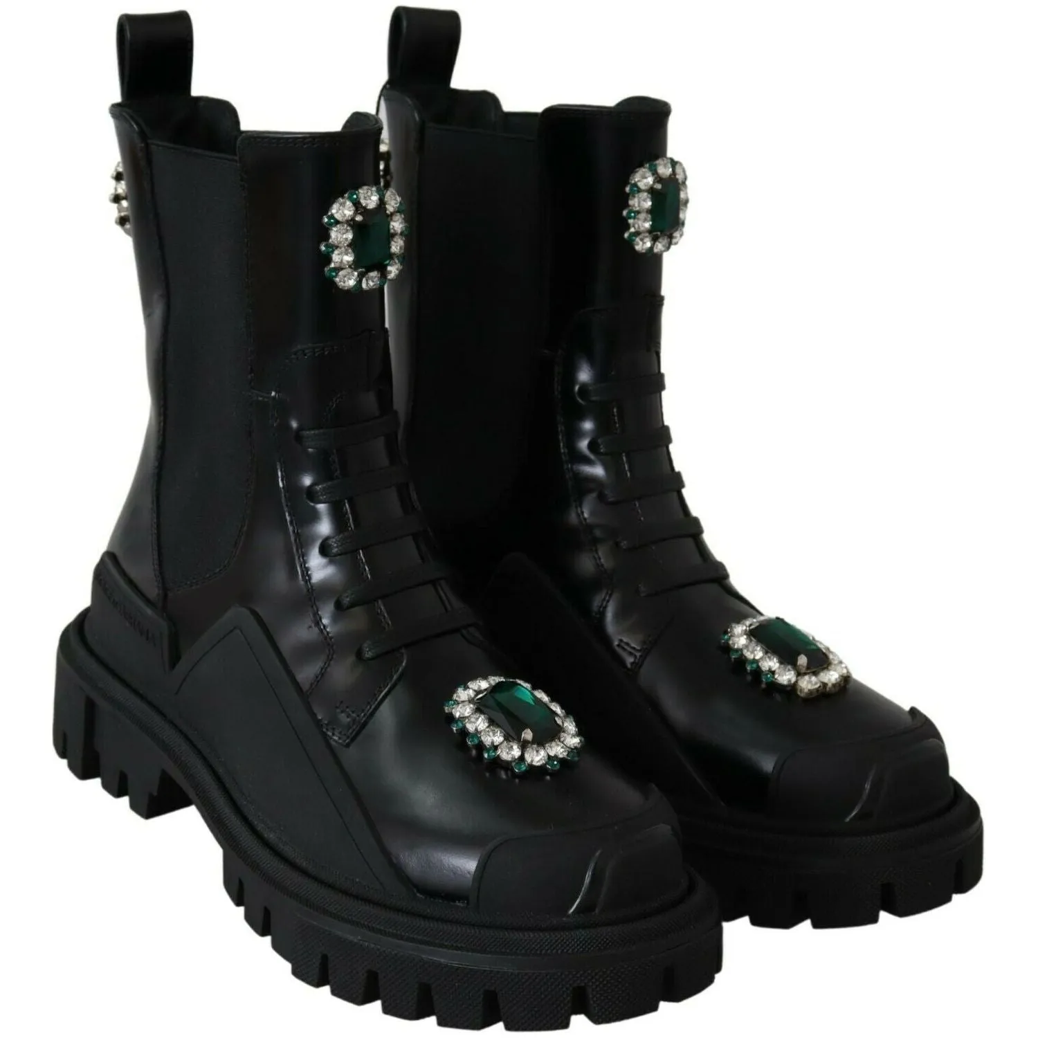 Dolce & Gabbana Elegant Black Leather Combat Boots with Crystal Detail