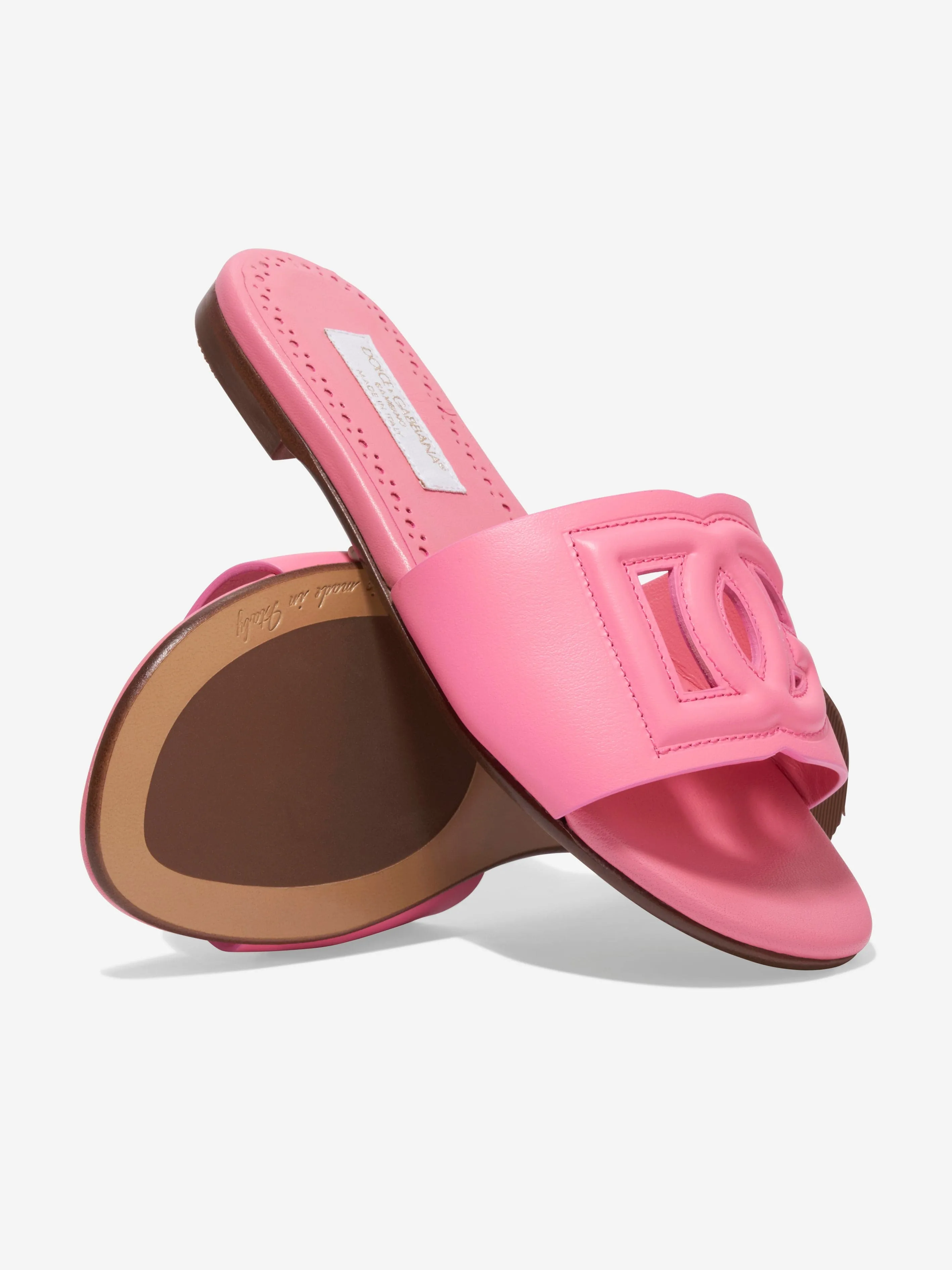 Dolce & Gabbana Girls Leather Logo Slider Sandals in Pink