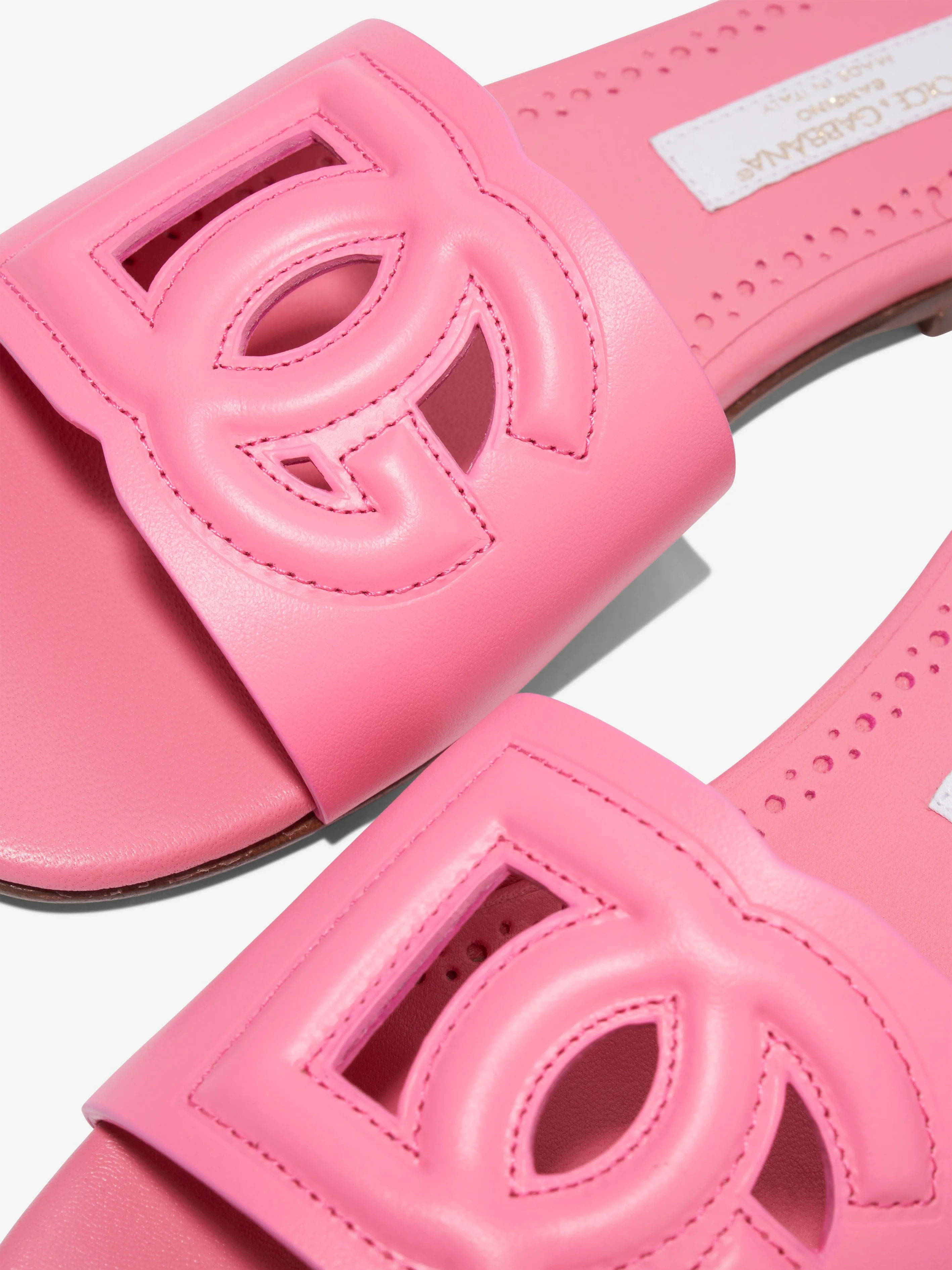 Dolce & Gabbana Girls Leather Logo Slider Sandals in Pink