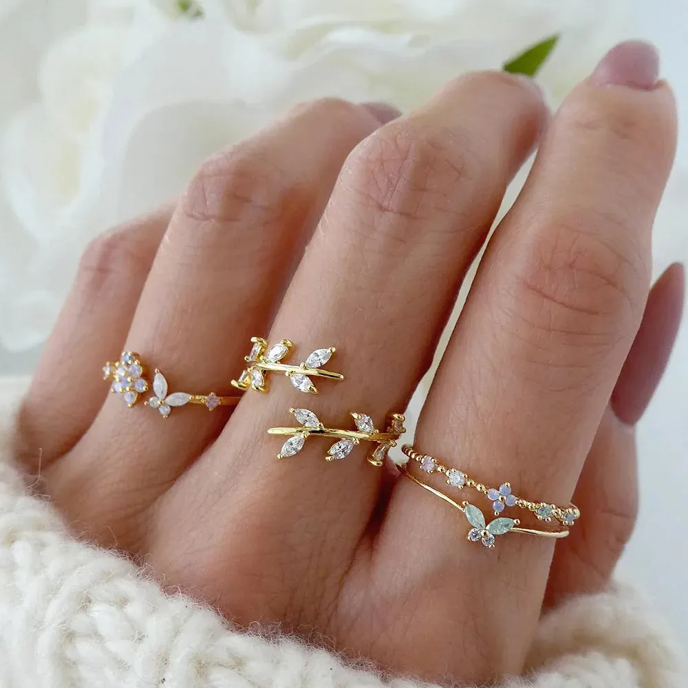 FNIO Fashion Crystal Leaves Rings for Women Girl Butterfly Flower Rings Set Birthday Gifts Jewelry