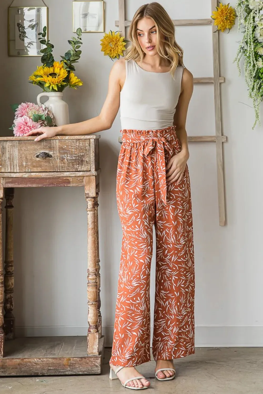 Full Size Printed Tied Straight Casual Pants