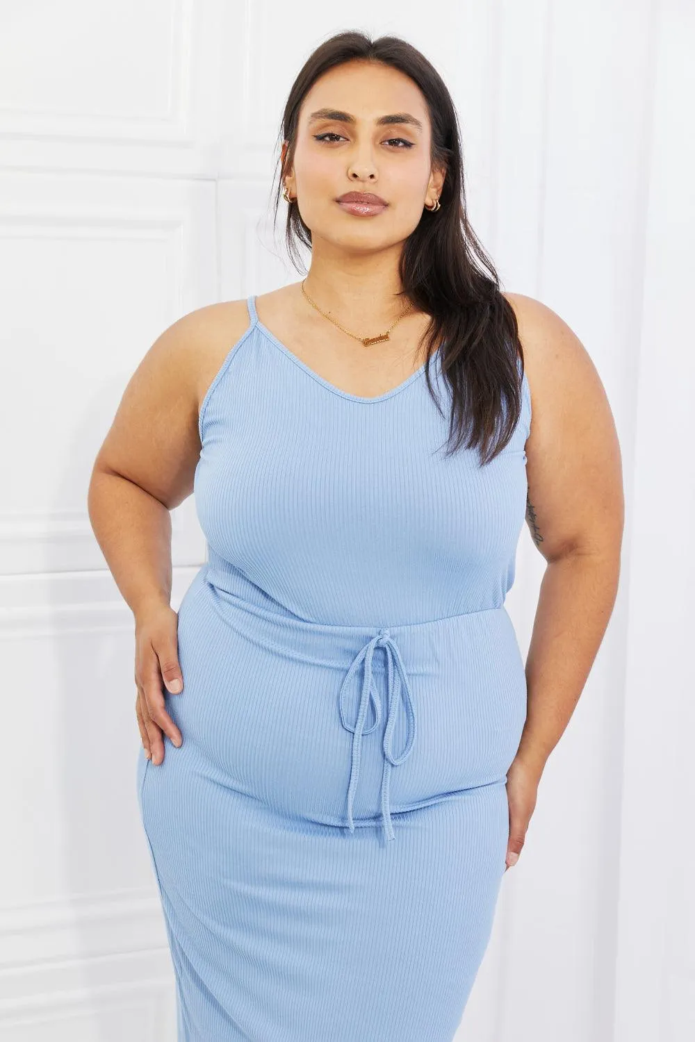 Full Size Ribbed Midi Dress in Pastel Blue