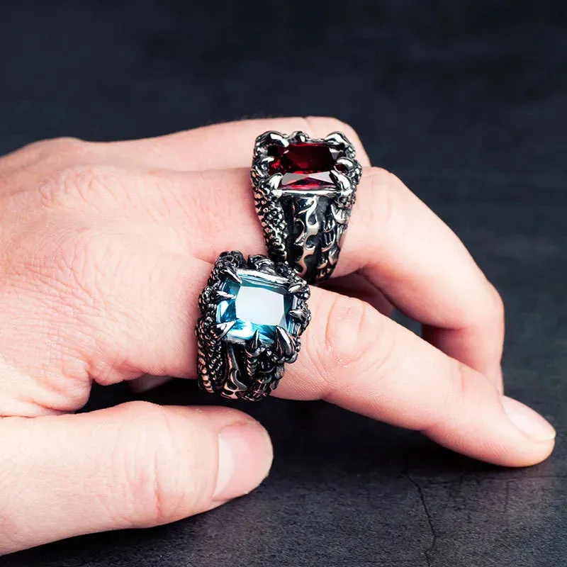 Gothic Blue Red Black Crystal Devil Dragon Claw Ring Men's Fashion Trend Exquisite Casual Street Cool Rider Ring Jewelry