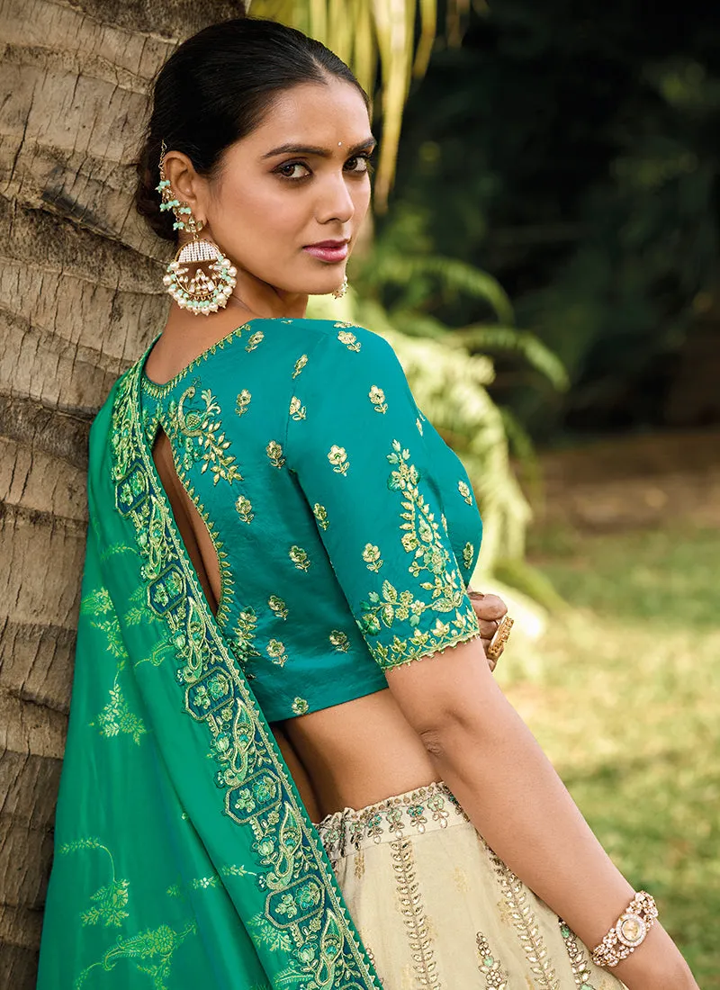 Green And Cream Embroidered Bridal Lehenga Choli