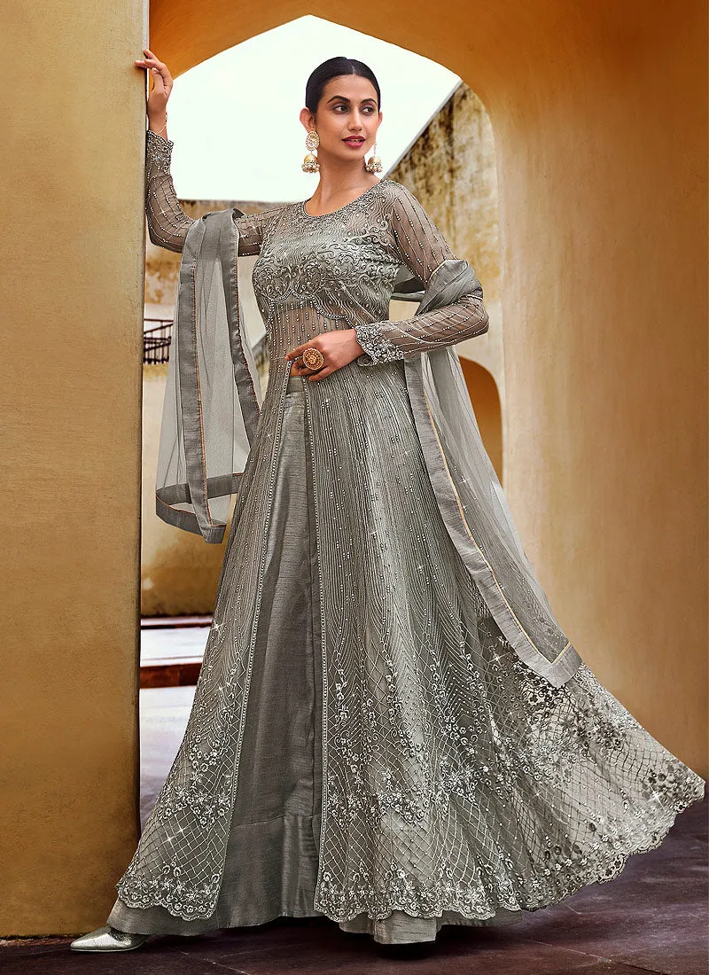 Grey Embroidered Slit Style Anarkali Lehenga/Pant Suit