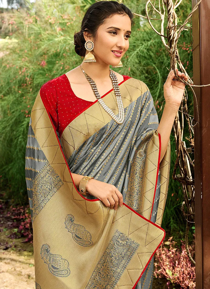 Grey Silk Saree With Blouse