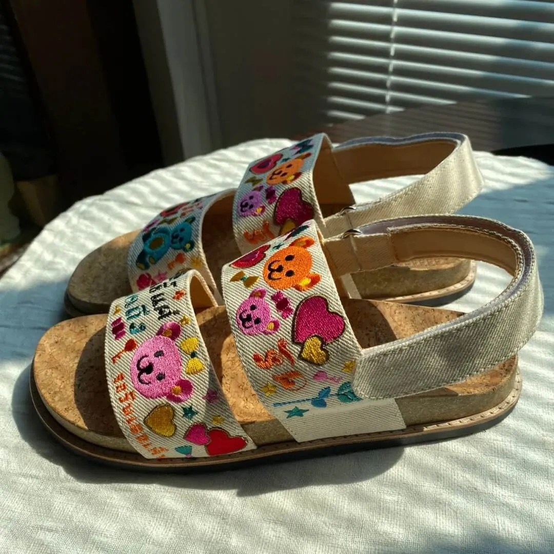 Happy Bears Embroidery Weirdcore Canvas Sandals