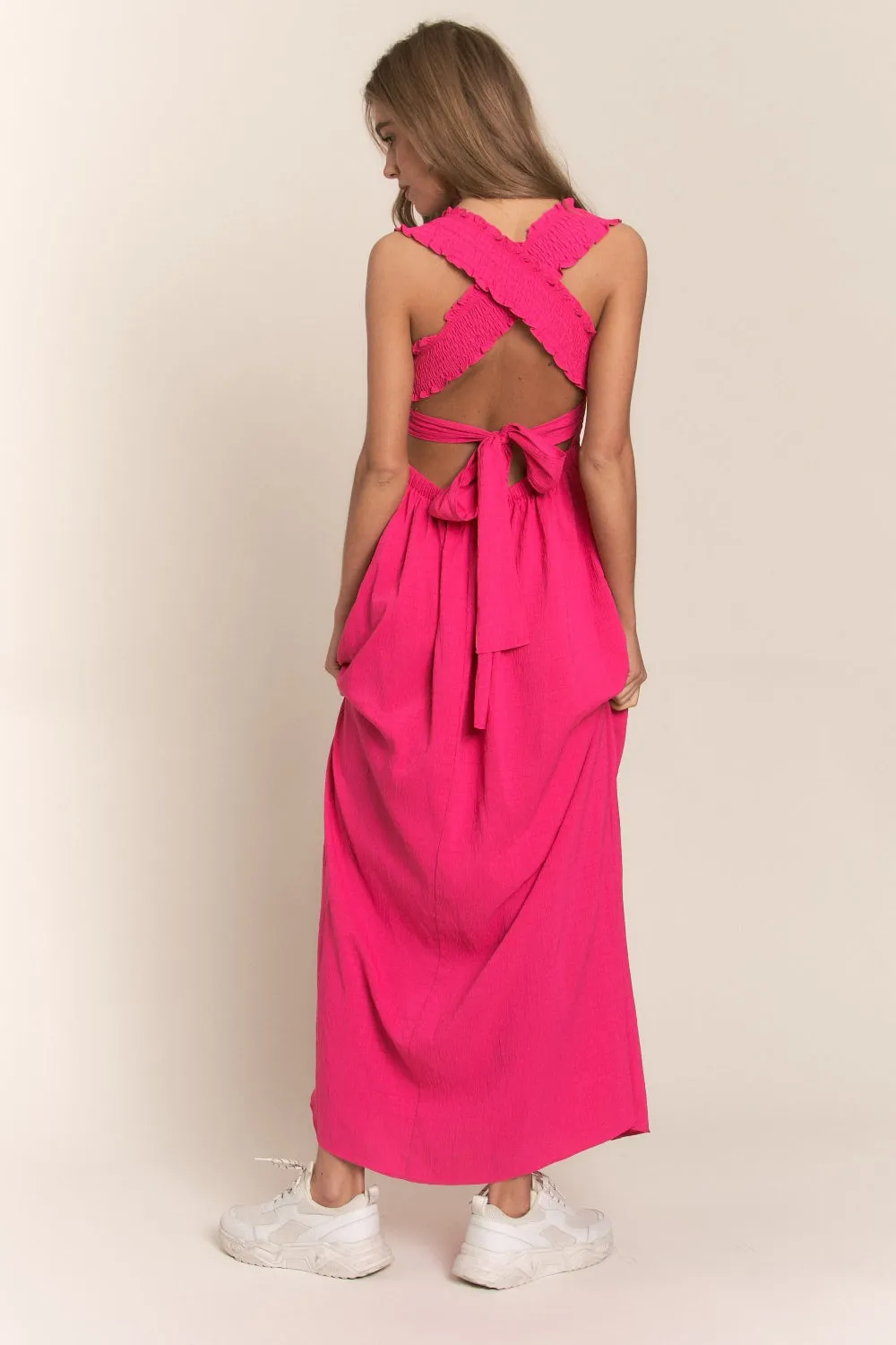 KESLEY Casual Dress Hot Pink Texture Criss Cross Back Tie Smocked Maxi Dress New Women's Fashion