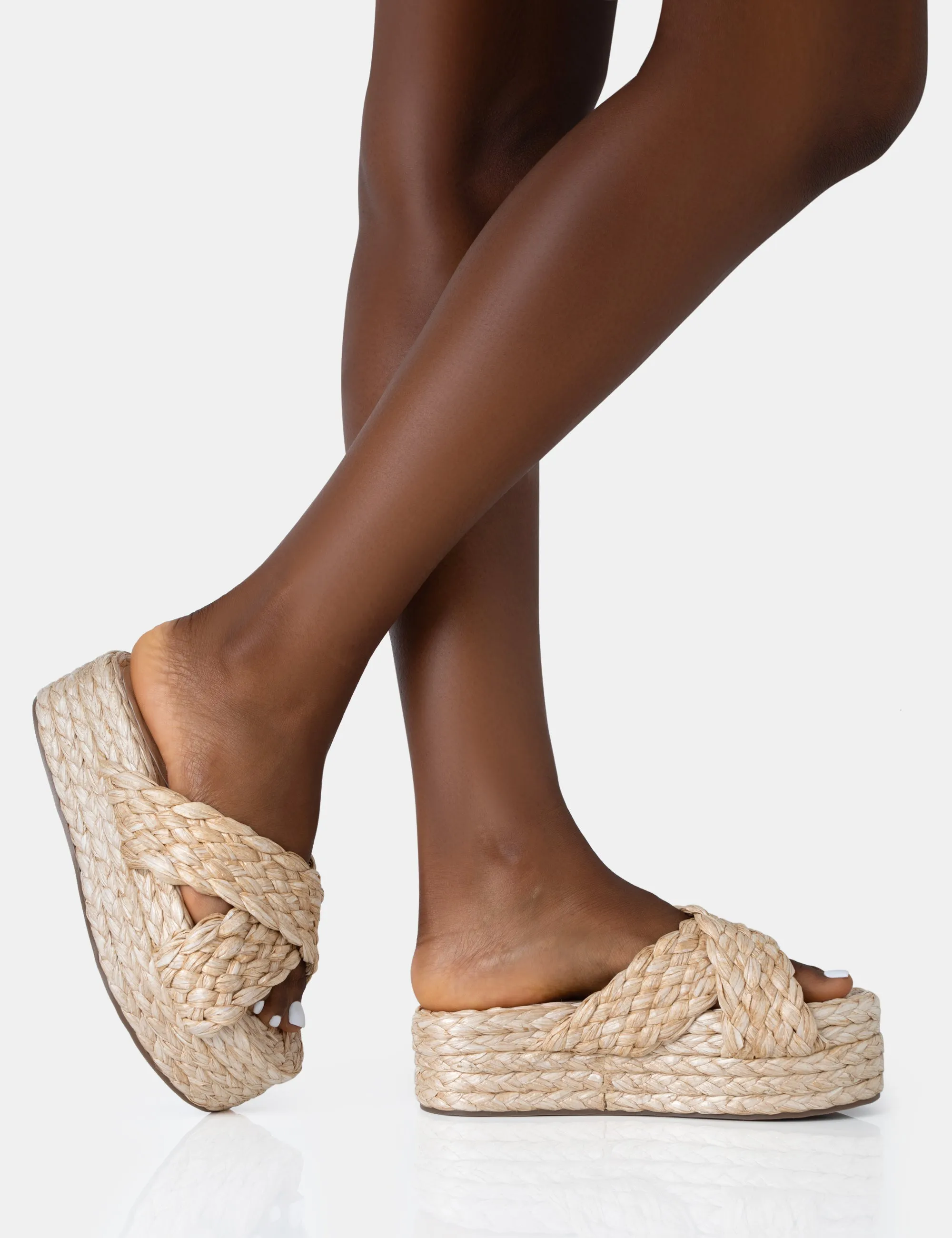 Kos Natural Raffia Cross Over Strap Slip On Flatform Sandals