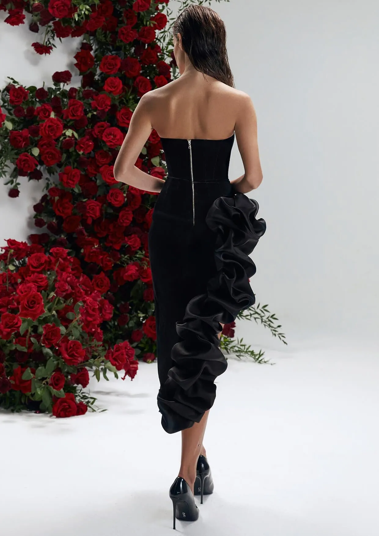 Matthiola Noir Ruffled Velvet Evening Gown